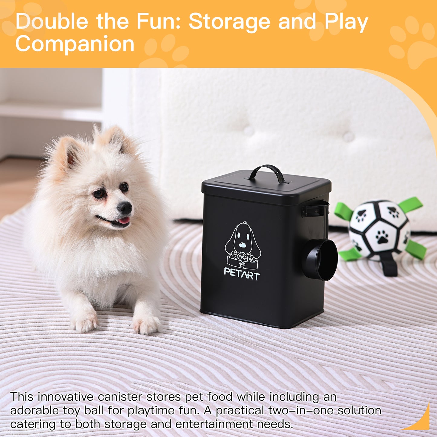 Dog Food Storage Container With Dog Ball Toy, Metal Pet Food Storage Containers,Cat Food Storage Container With Spoon & Cute Desiccant