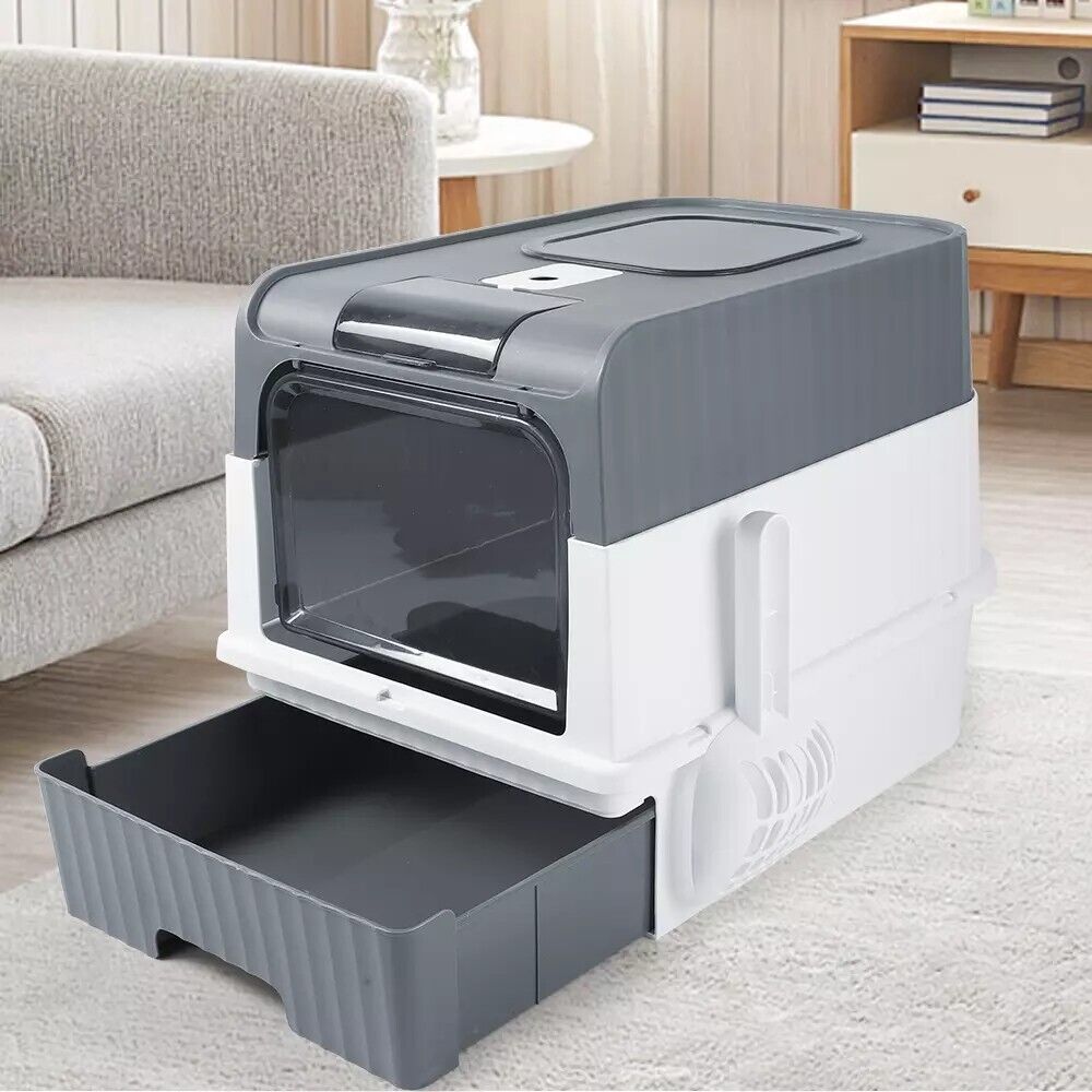 Grey Large Cat Litter Box Cat Pan Drawer Anti-Splashing Cat Potty Tray Cleaning