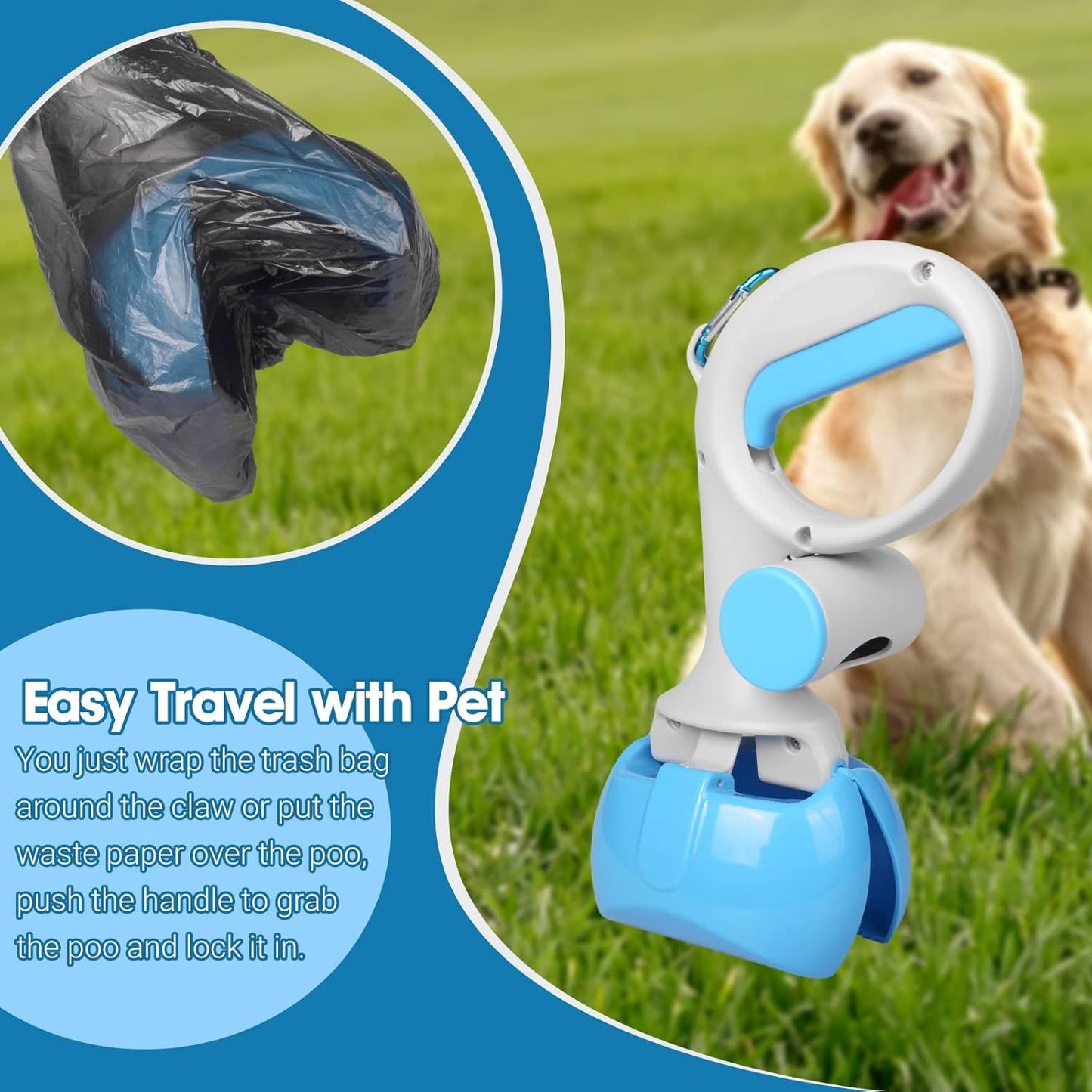 Pet Pooper Scooper With Trash Bags Holder Non-Breakable High Strength Material For Easy Grass And Gravel Pick Up Including A Roll Of Trash Bag