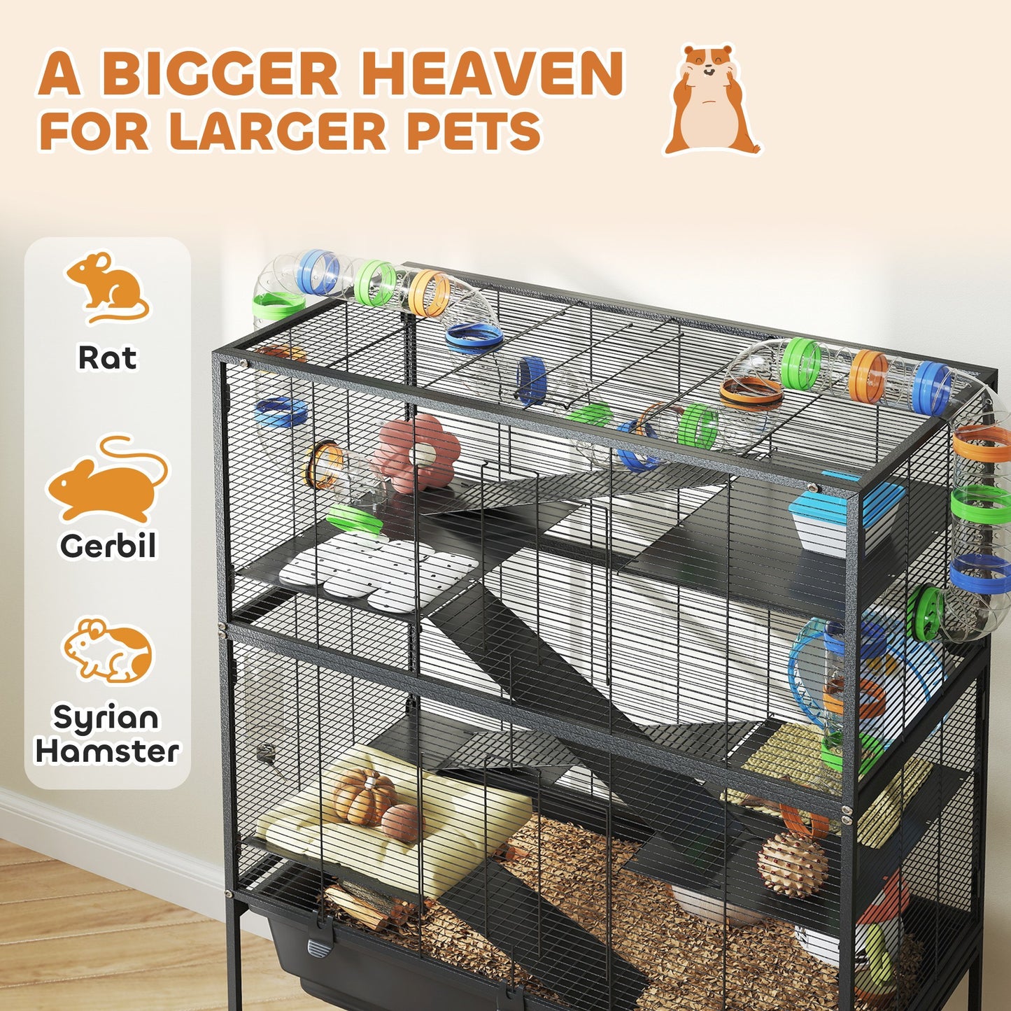 5 Tier Hamster Cage, Rolling Cage With Deep Tray, Storage Shelf, Big Exercise Wheel, Hut, Tube System