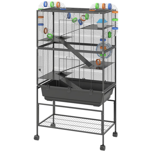 5 Tier Hamster Cage, Rolling Cage With Deep Tray, Storage Shelf, Big Exercise Wheel, Hut, Tube System