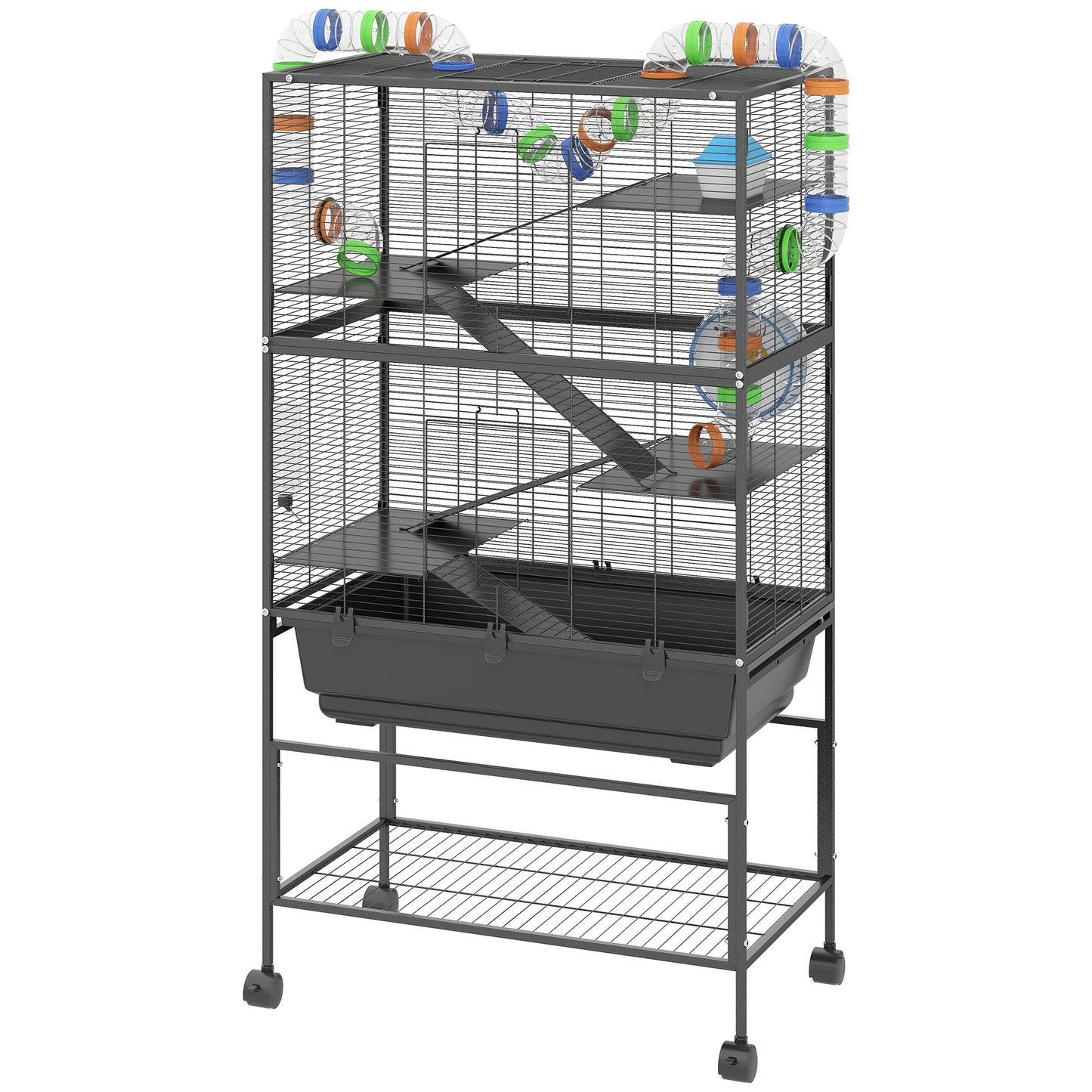 5 Tier Hamster Cage, Rolling Cage With Deep Tray, Storage Shelf, Big Exercise Wheel, Hut, Tube System