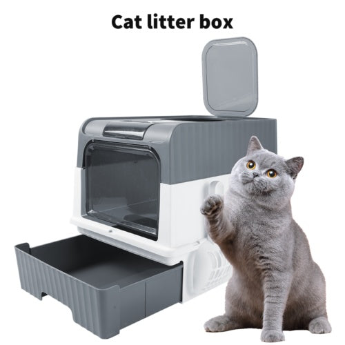 Grey Large Cat Litter Box Cat Pan Drawer Anti-Splashing Cat Potty Tray Cleaning
