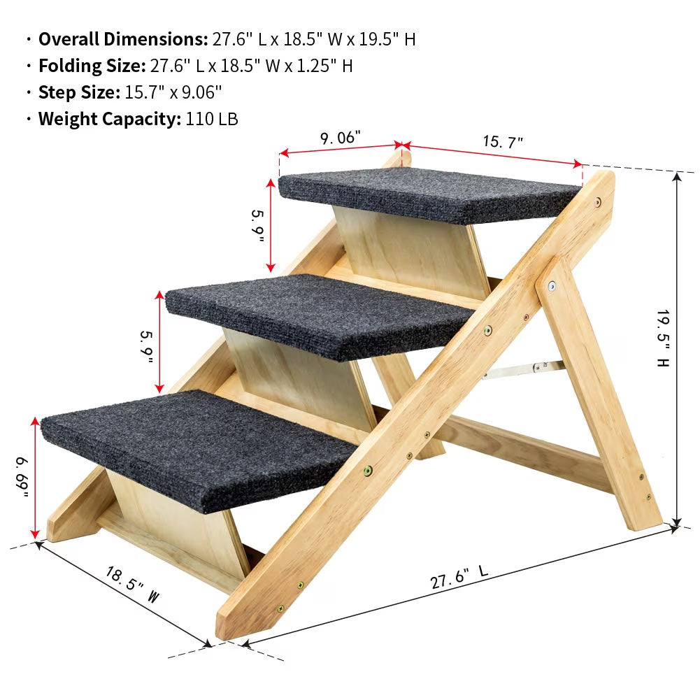Wood Foldable 3 Levels Dog Stairs  Ramp Perfect For Beds And Cars Portable Dog Ladder Up To 110 Pounds