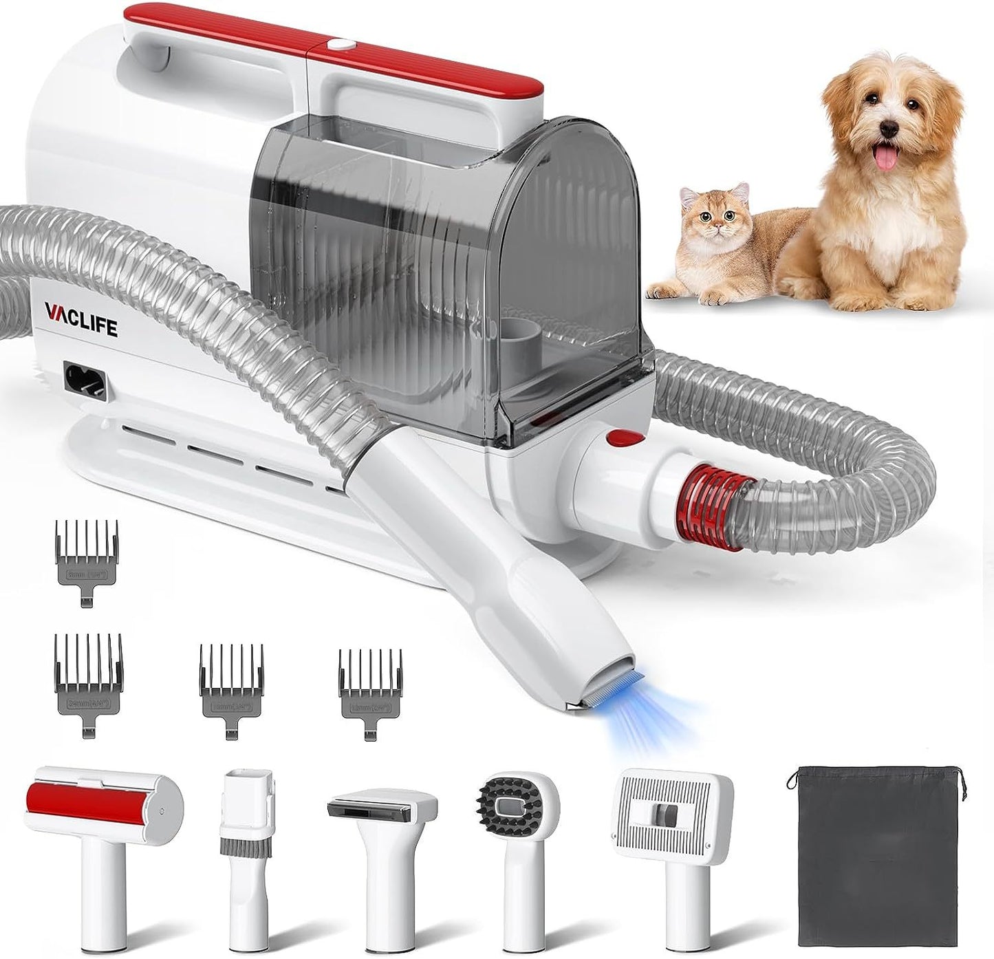 VacLife Pet Hair Vacuum For Shedding Grooming Kit With Brushes And Other Grooming Tools For Dogs And Cats - Low-Noise - White And Red