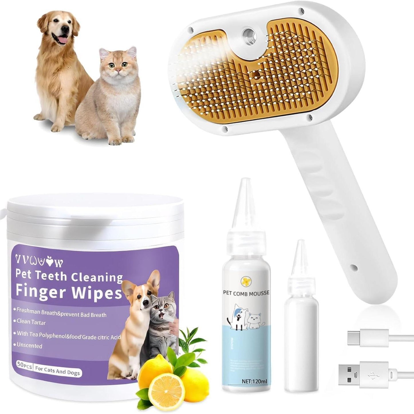 Universal Pet Steam Brush For Cats And Dogs 3-in-1 Spray Hair Removal Comb With Waterless Shampoo And Ear Towel,