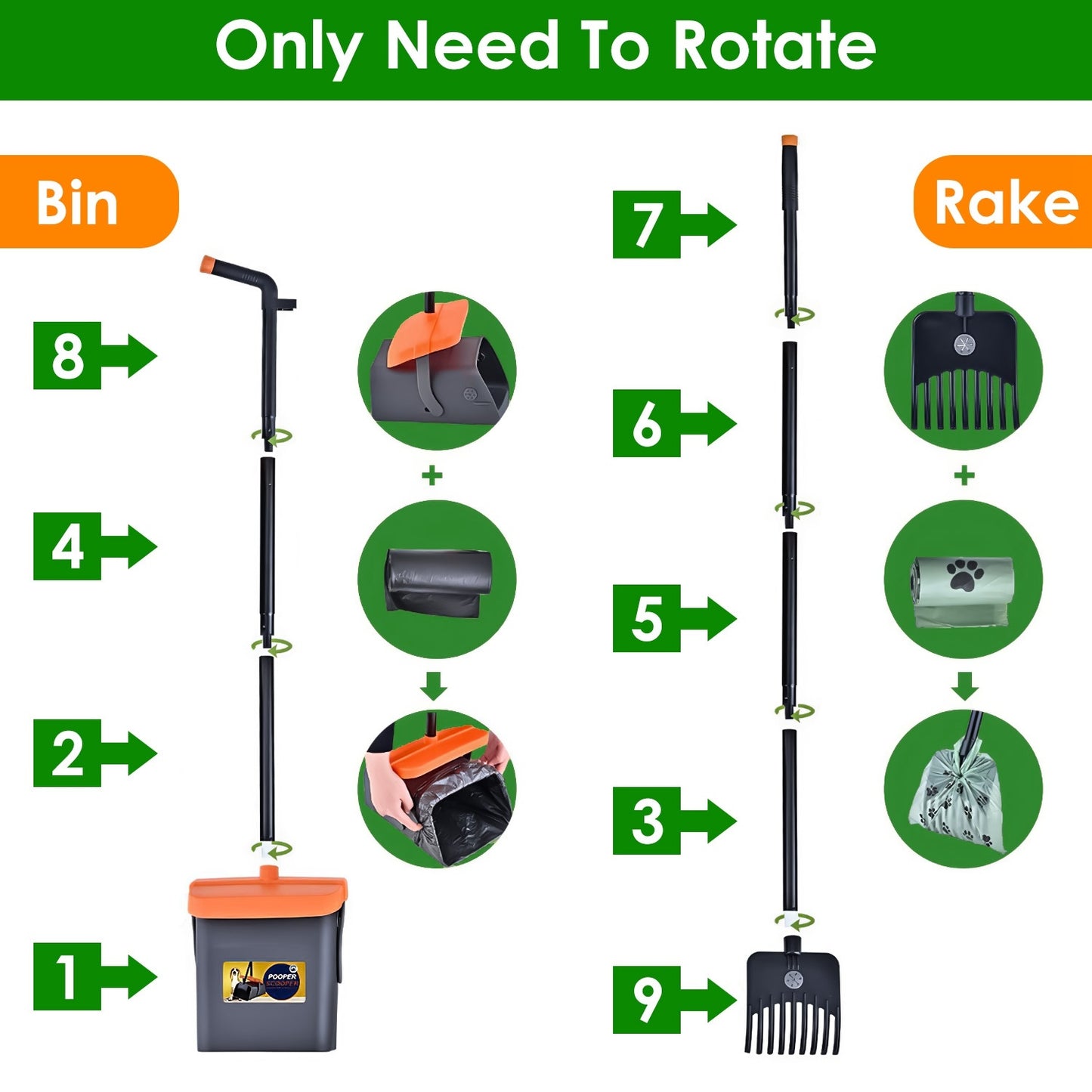 1Set Scooper Kit Dog Poop Rake & Swiveling Bin Heavy Duty Pick Up Tool With Extra Long Handle 35 Waste Bags Dispenser