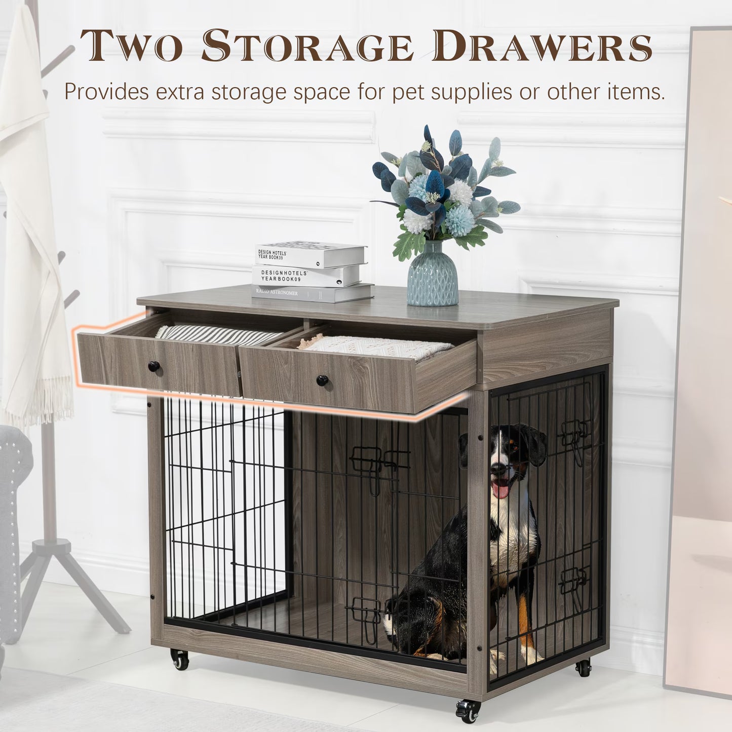 Wooden Dog Crate, 38.4 Inch Dog Kennel With 2 Drawers Storage, Heavy Duty Dog For indoor Use