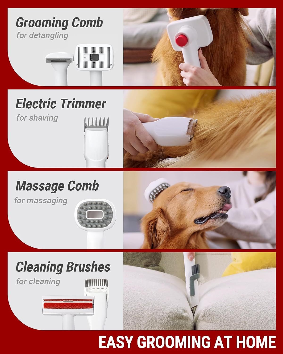 VacLife Pet Hair Vacuum For Shedding Grooming Kit With Brushes And Other Grooming Tools For Dogs And Cats - Low-Noise - White And Red
