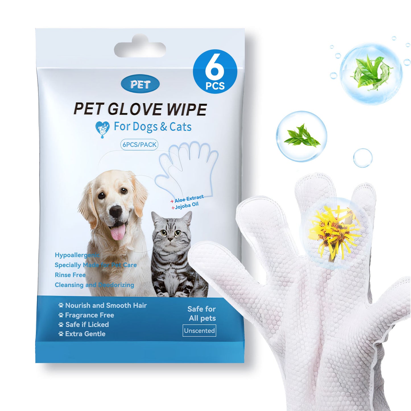 Gloves For Dog And Cat, Wipes Cleaning & Deodorizing, For Body Paws Daily Care,Grooming Wipes Cleaning Fur Traveling Rinse Free,6PCS-1PACK
