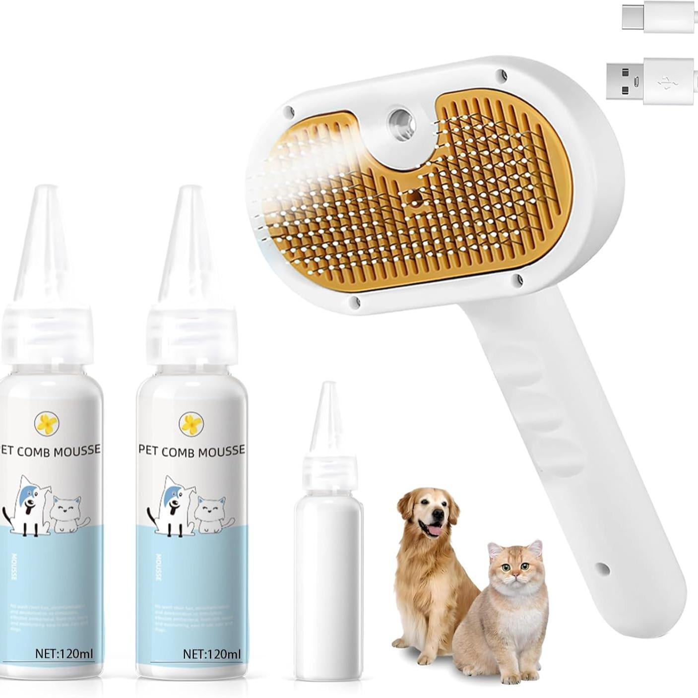 Universal Pet Steam Brush For Cats And Dogs 3-in-1 Spray Hair Removal Comb With Waterless Shampoo And Ear Towel,