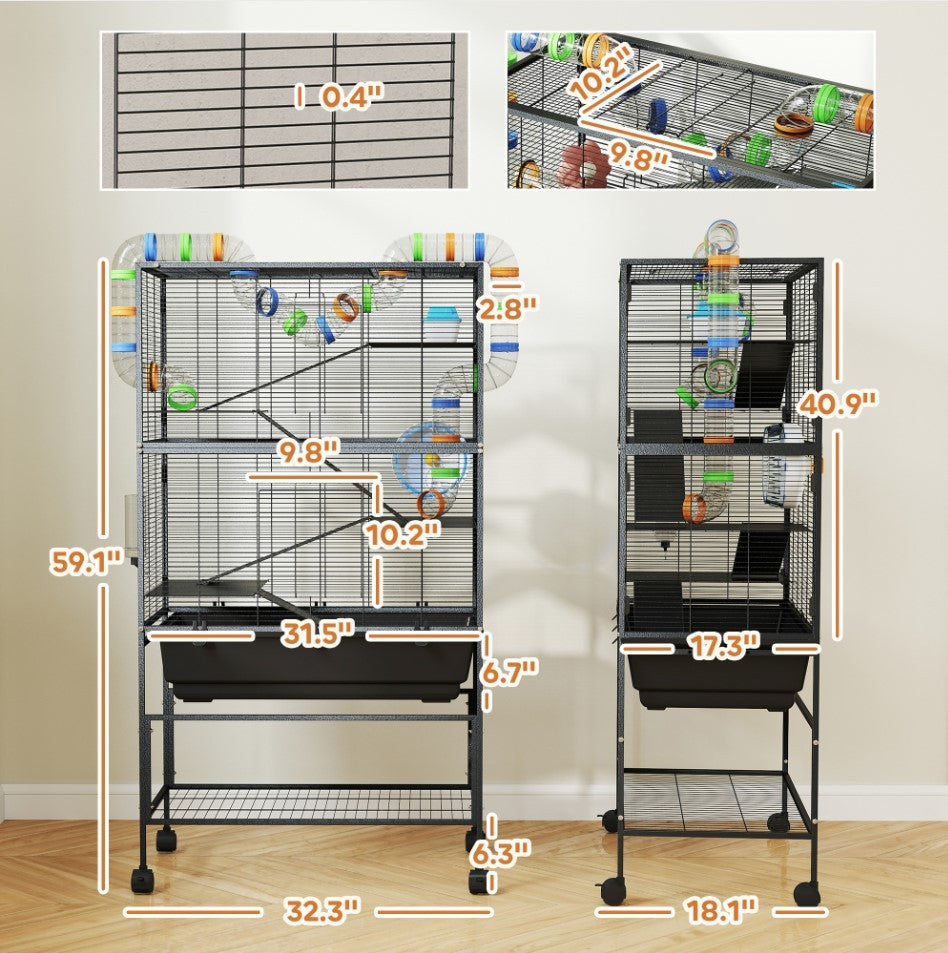 5 Tier Hamster Cage, Rolling Cage With Deep Tray, Storage Shelf, Big Exercise Wheel, Hut, Tube System
