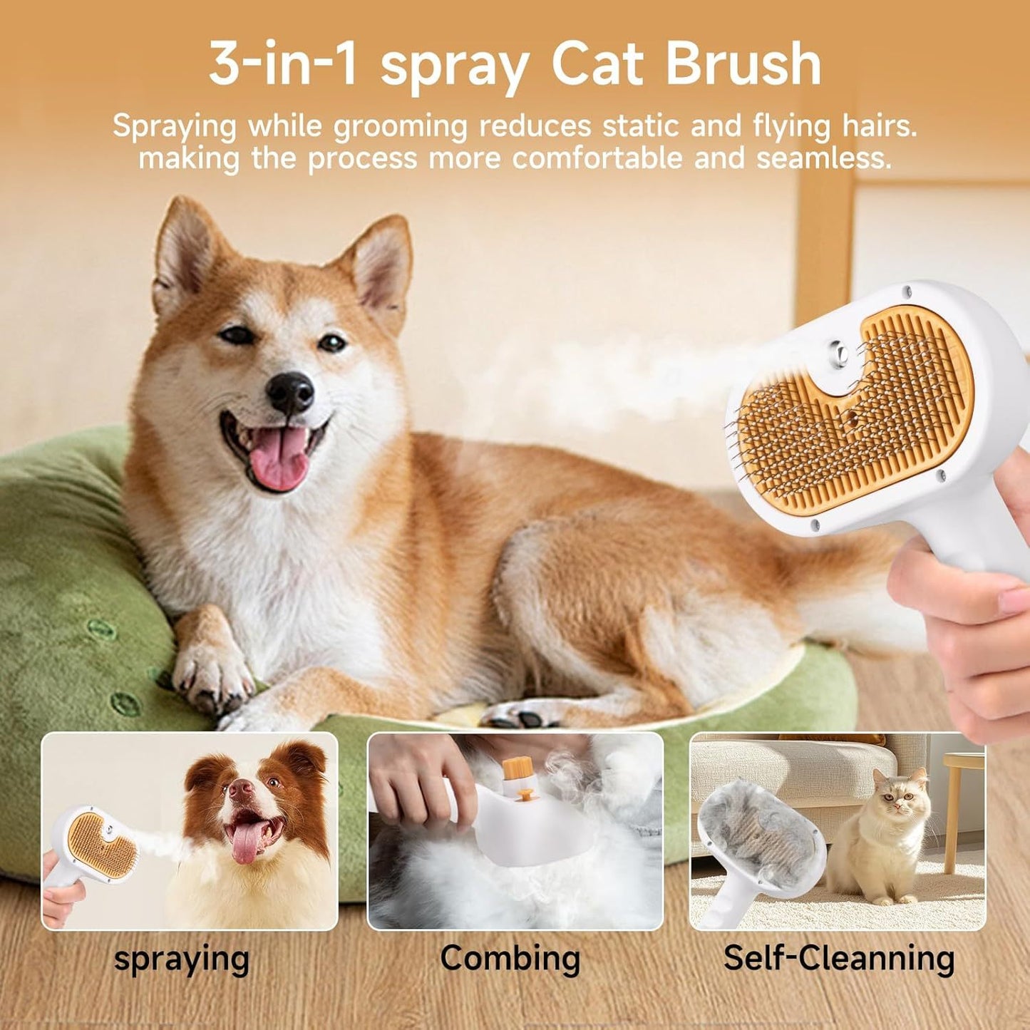 Universal Pet Steam Brush For Cats And Dogs 3-in-1 Spray Hair Removal Comb With Waterless Shampoo And Ear Towel,