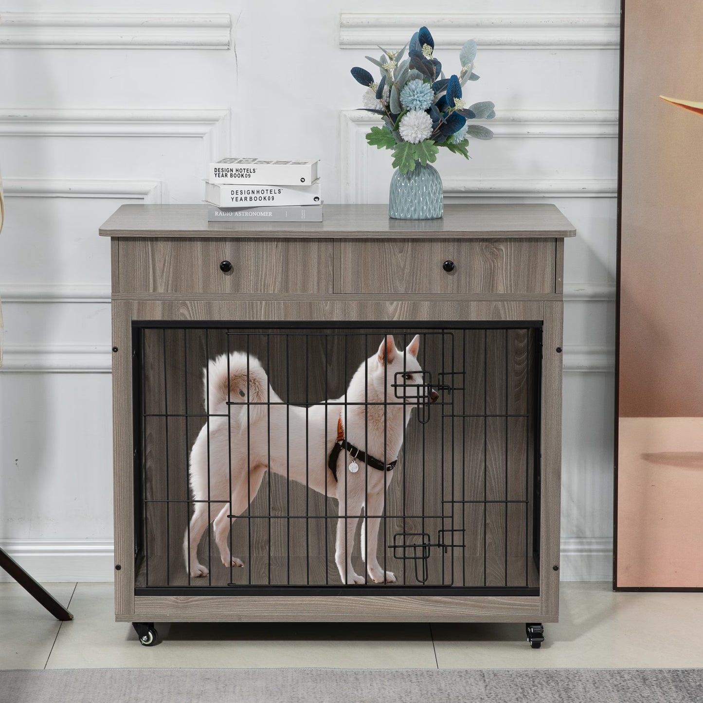 Wooden Dog Crate, 38.4 Inch Dog Kennel With 2 Drawers Storage, Heavy Duty Dog For indoor Use
