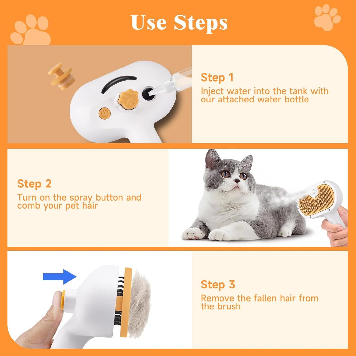 Universal Pet Steam Brush For Cats And Dogs 3-in-1 Spray Hair Removal Comb With Waterless Shampoo And Ear Towel,