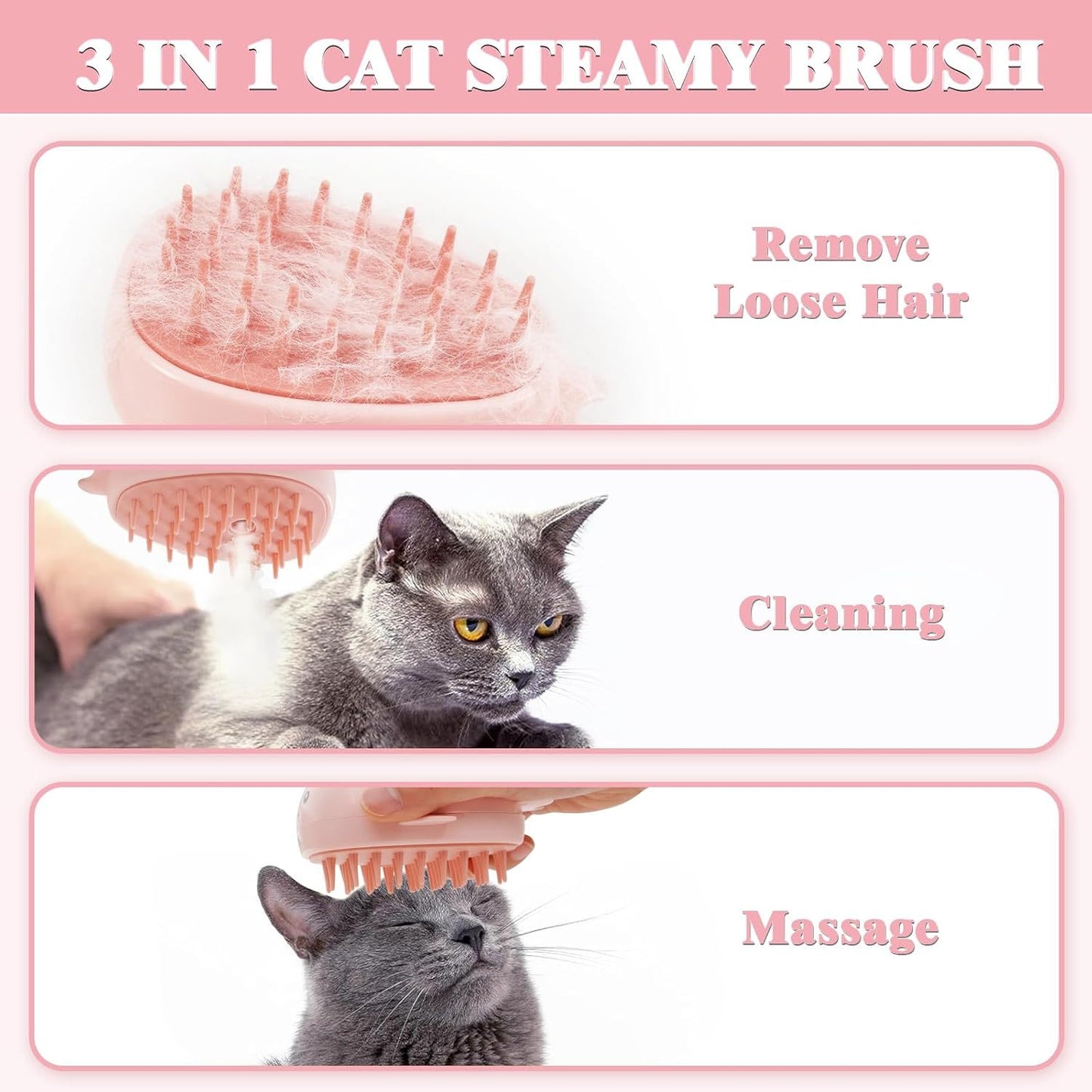 3 In 1 Steamy, Rechargeable Self Cleaning Pet Groom Silicone Brush/Spray Brush For Massage, Pet Hair Removal Comb