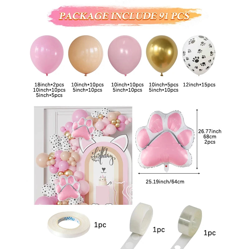 91Pcs Pink Paw Bone Foil Balloons Dog Theme Garland Arch Pet Birthday Party Festival Decor