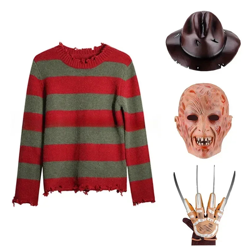Freddy Cosplay Adult Sweater Red Striped Knitting Top Coat Hat Mask Costume *Free Shipping