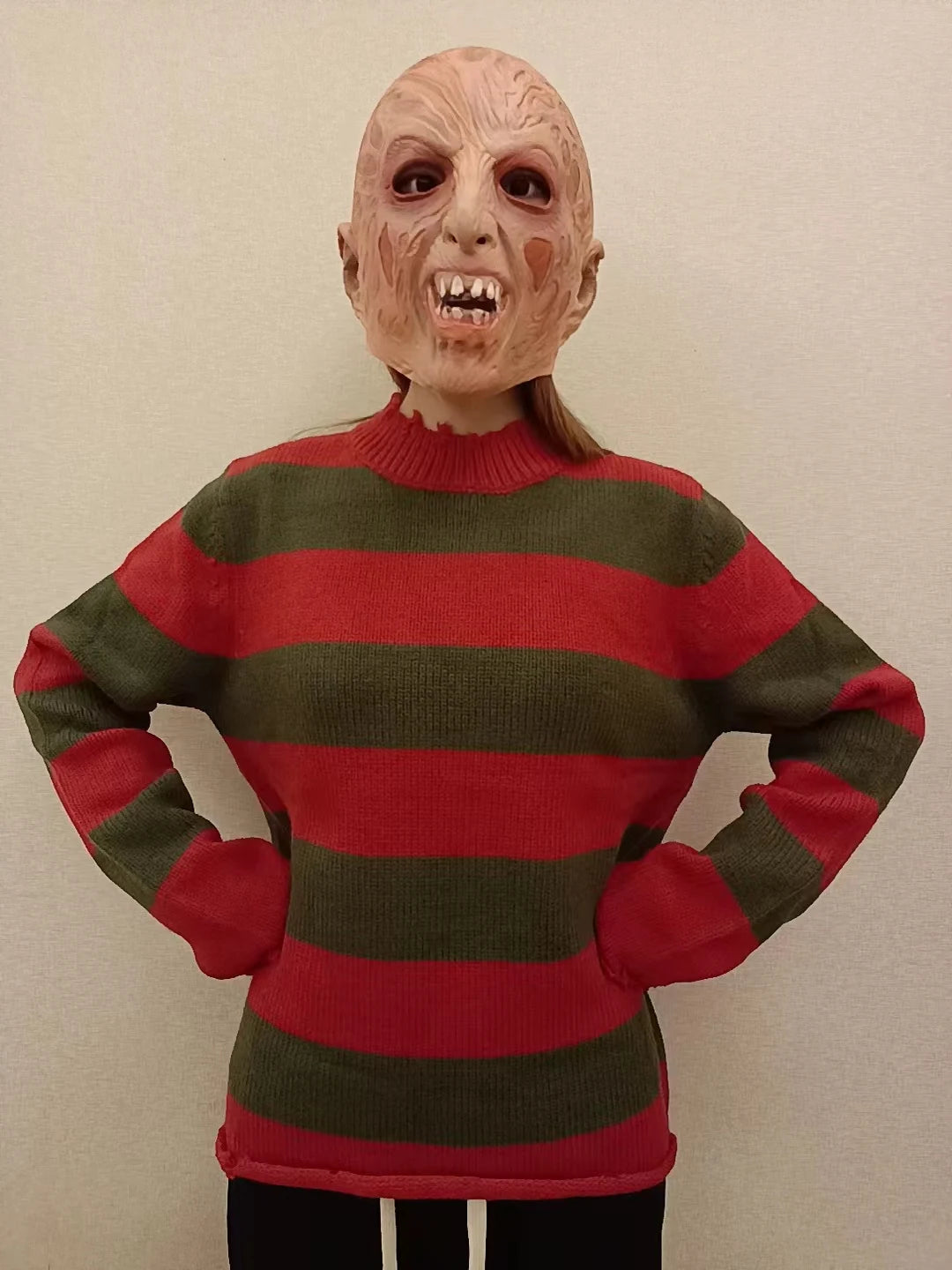 Freddy Cosplay Adult Sweater Red Striped Knitting Top Coat Hat Mask Costume *Free Shipping