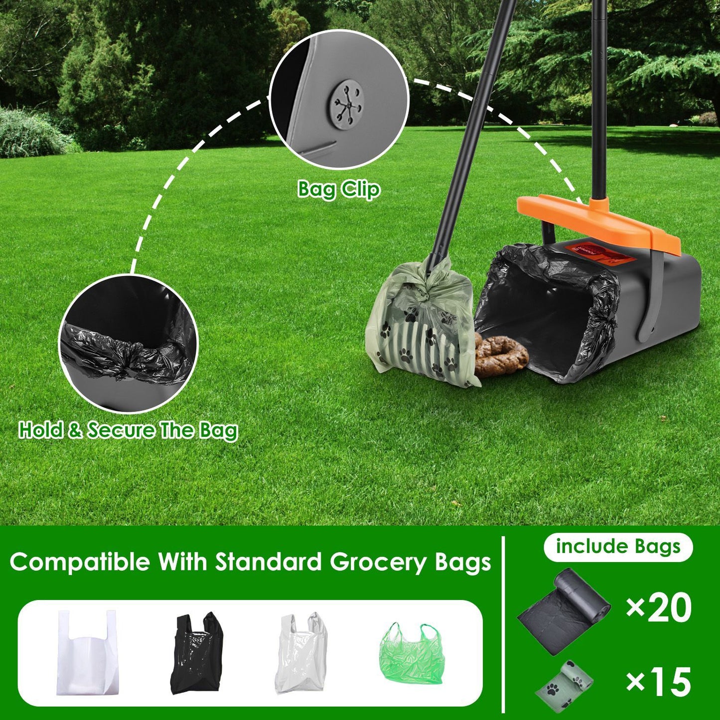 1Set Scooper Kit Dog Poop Rake & Swiveling Bin Heavy Duty Pick Up Tool With Extra Long Handle 35 Waste Bags Dispenser