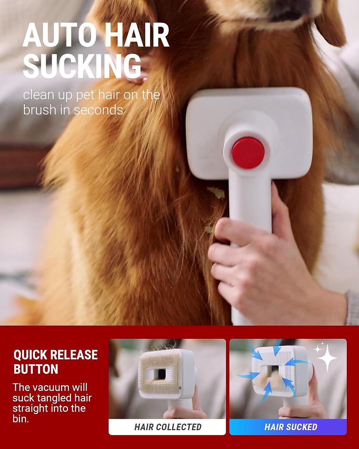 VacLife Pet Hair Vacuum For Shedding Grooming Kit With Brushes And Other Grooming Tools For Dogs And Cats - Low-Noise - White And Red