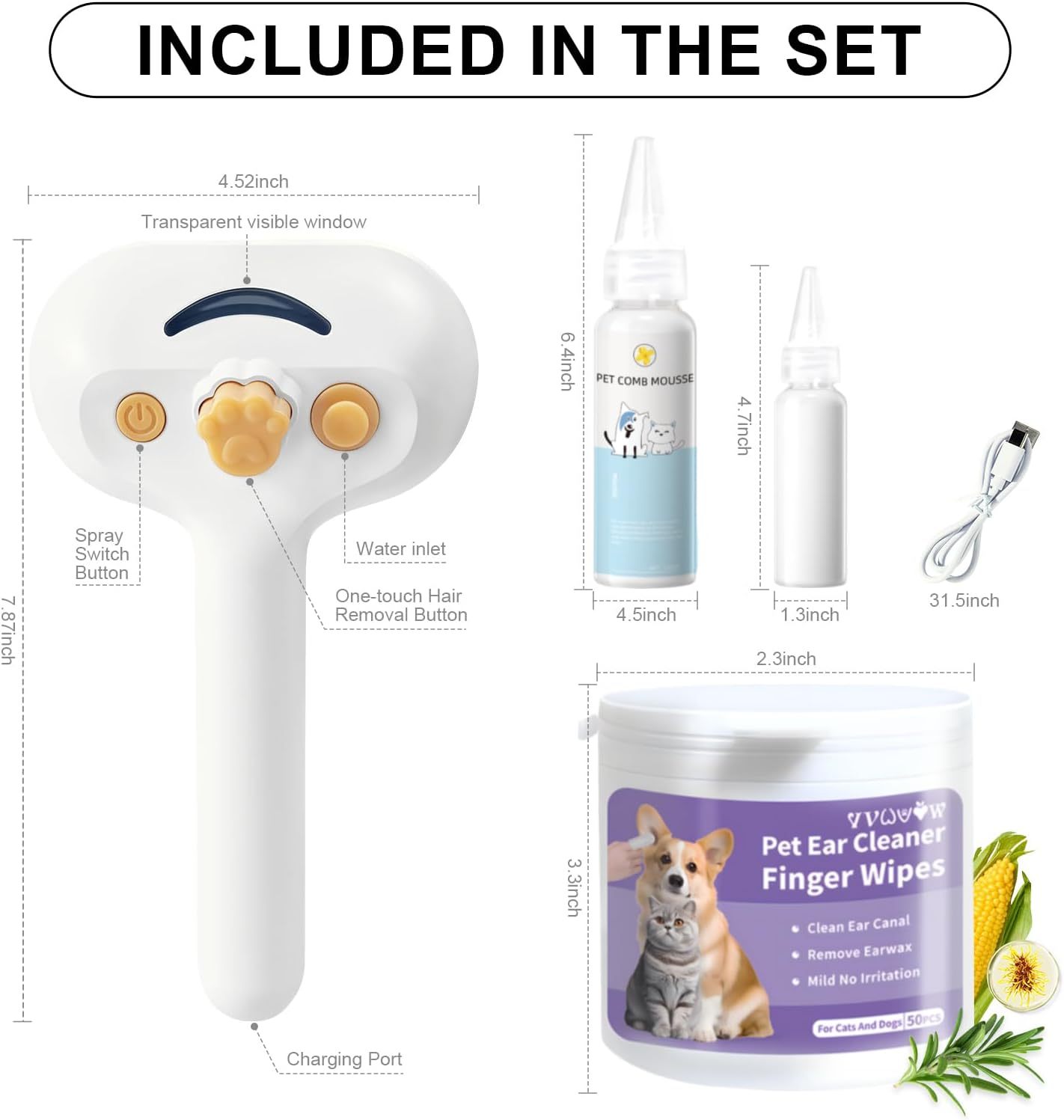 Universal Pet Steam Brush For Cats And Dogs 3-in-1 Spray Hair Removal Comb With Waterless Shampoo And Ear Towel,