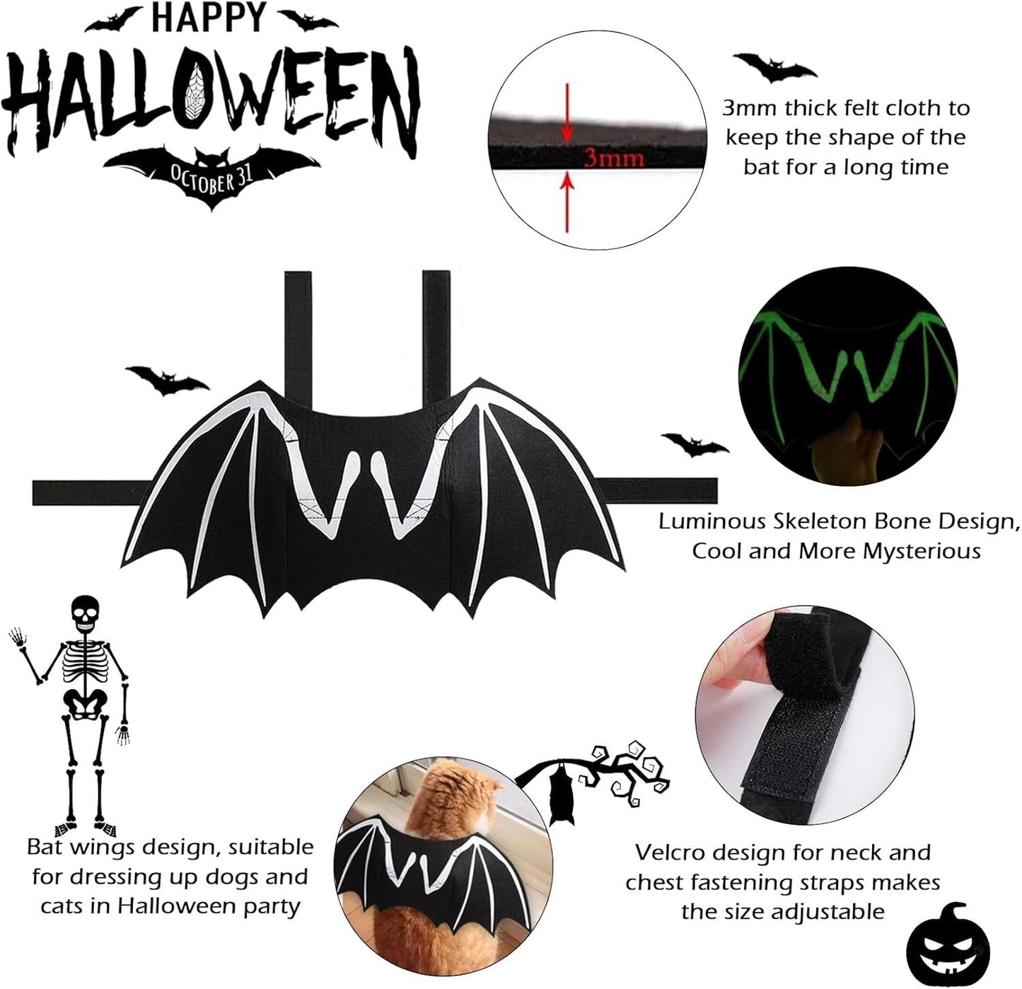 Dog Halloween Bat Costume Cool Luminous Skeleton Bone Bat Wings Pets Cosplay