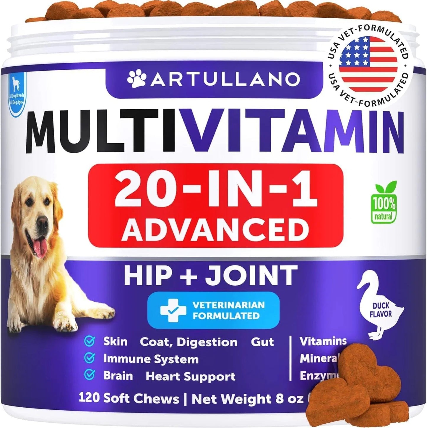 Dog Multivitamin Chewable With Glucosamine 20 In 1 Dog Vitamins And Supplements Senior & Puppy Joint Support Health Immunity Mobility Gut Skin 120 Chews