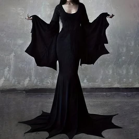 Black Costume Womens Gothic Witch Bat Sleeve Dress Halloween Cosplay Vintage Carnival Party Outfit