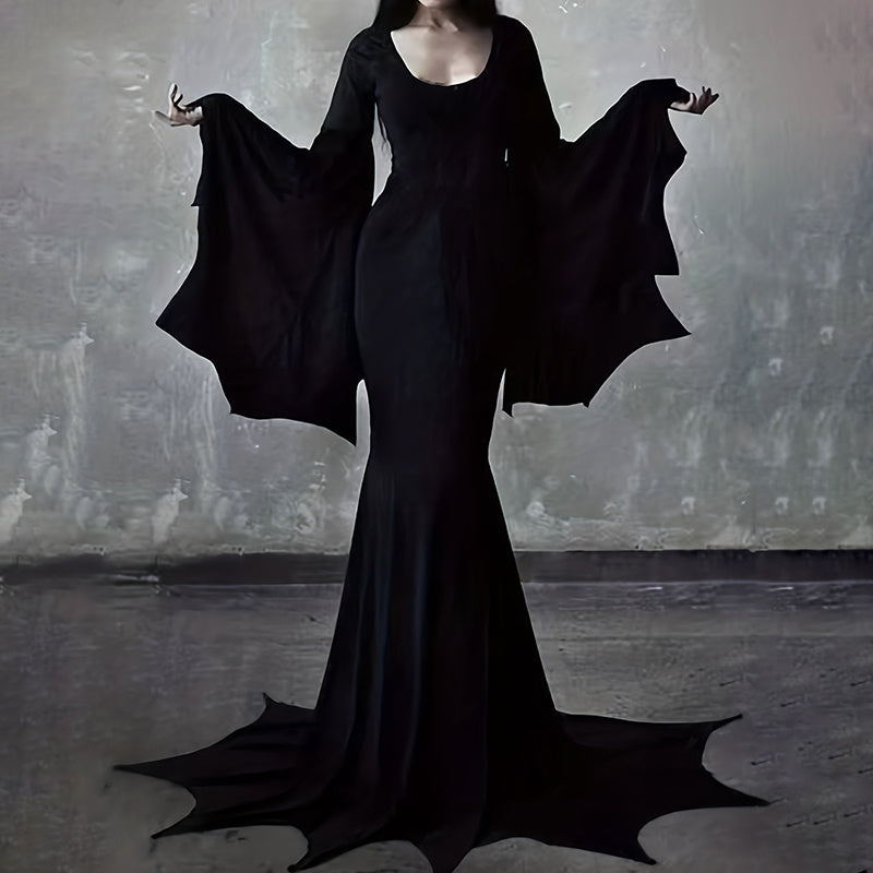 Black Costume Womens Gothic Witch Bat Sleeve Dress Halloween Cosplay Vintage Carnival Party Outfit