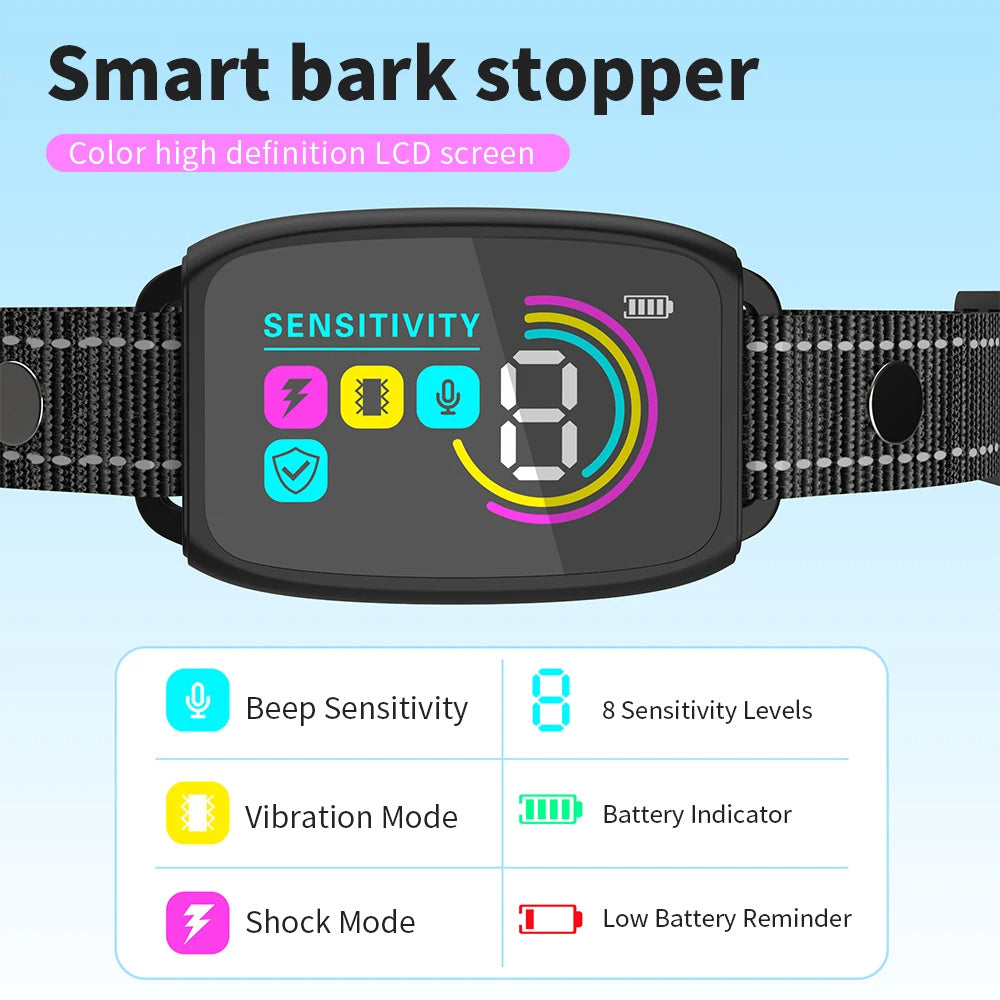 Smart Automatic Anti Barking Dog Collar Rechargeable HD Digital Display IP67 Waterproof