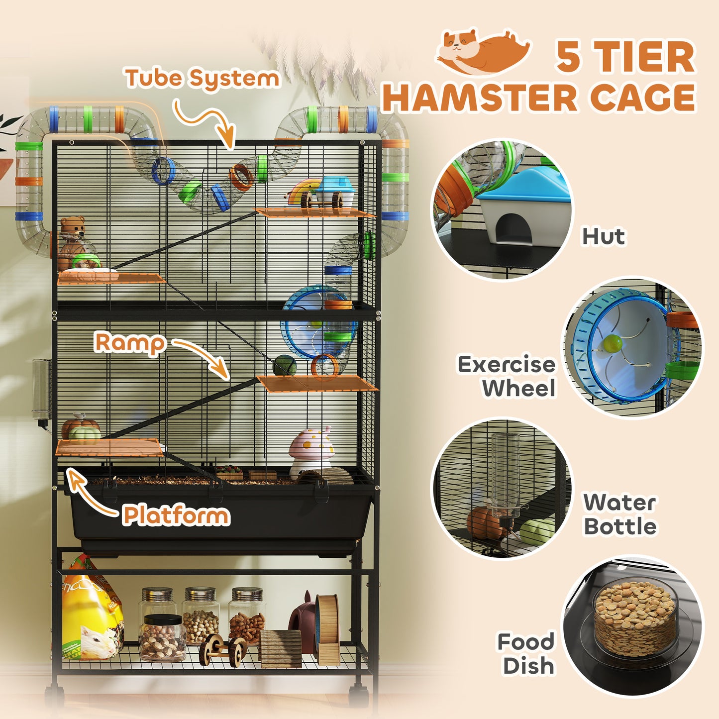5 Tier Hamster Cage, Rolling Cage With Deep Tray, Storage Shelf, Big Exercise Wheel, Hut, Tube System