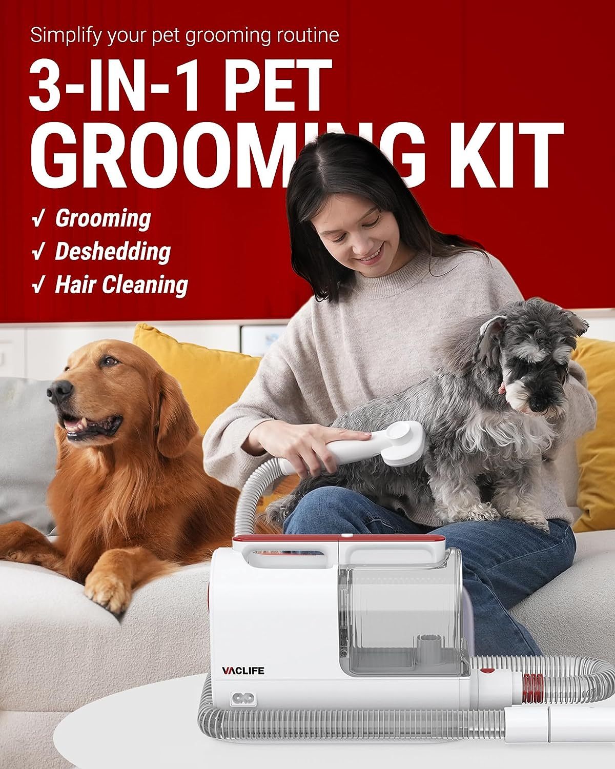 VacLife Pet Hair Vacuum For Shedding Grooming Kit With Brushes And Other Grooming Tools For Dogs And Cats - Low-Noise - White And Red
