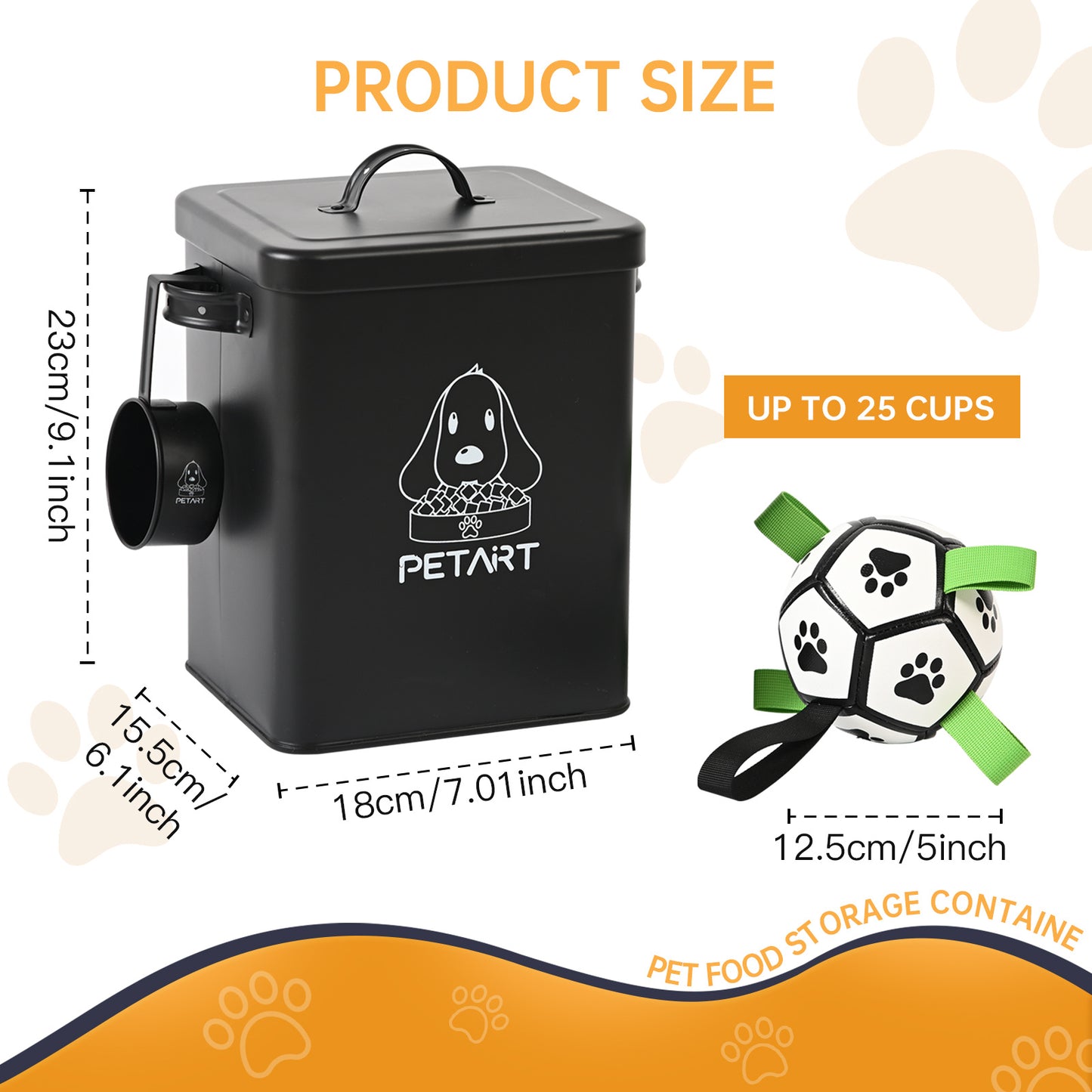 Dog Food Storage Container With Dog Ball Toy, Metal Pet Food Storage Containers,Cat Food Storage Container With Spoon & Cute Desiccant