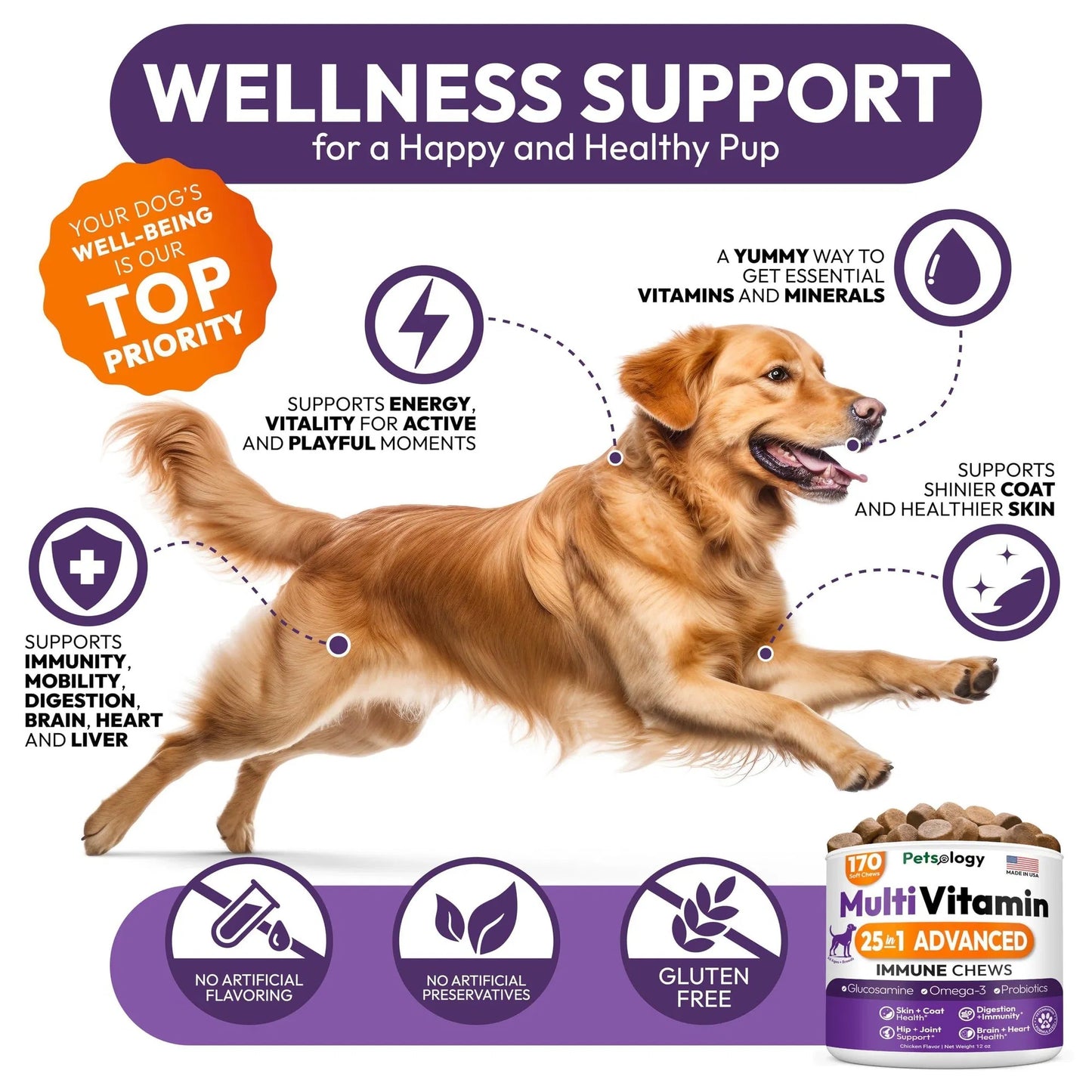 Dog Multivitamin With Glucosamine 170 Chews Hip & Joint Pet Immune Support Skin & Coat Gut & Heart Health Senior & Puppy Multivitamin Pet Supplement