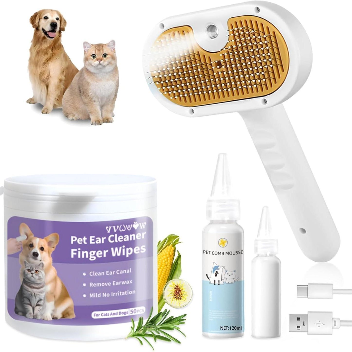 Universal Pet Steam Brush For Cats And Dogs 3-in-1 Spray Hair Removal Comb With Waterless Shampoo And Ear Towel,