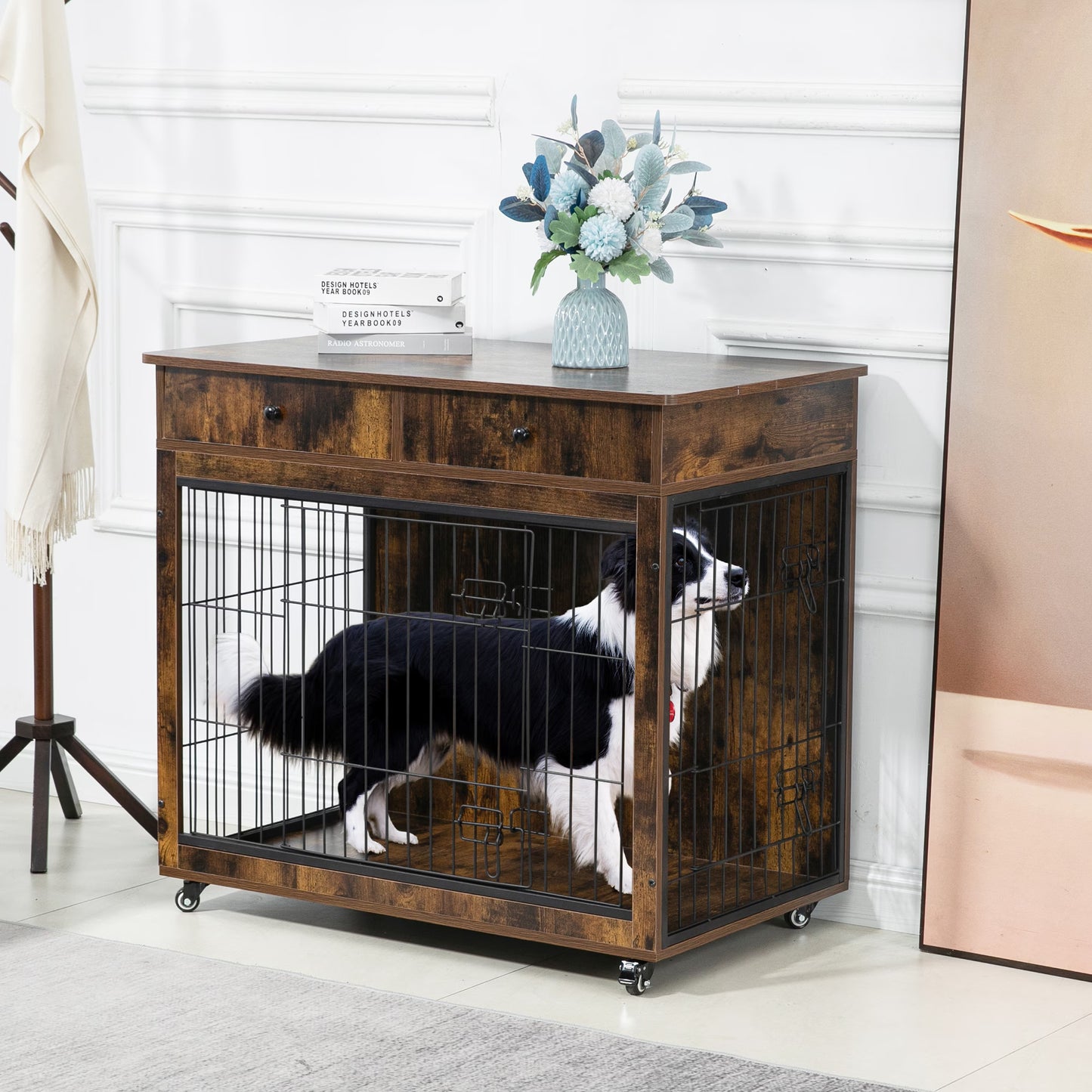 Wooden Dog Crate, 38.4 Inch Dog Kennel With 2 Drawers Storage, Heavy Duty Dog For indoor Use
